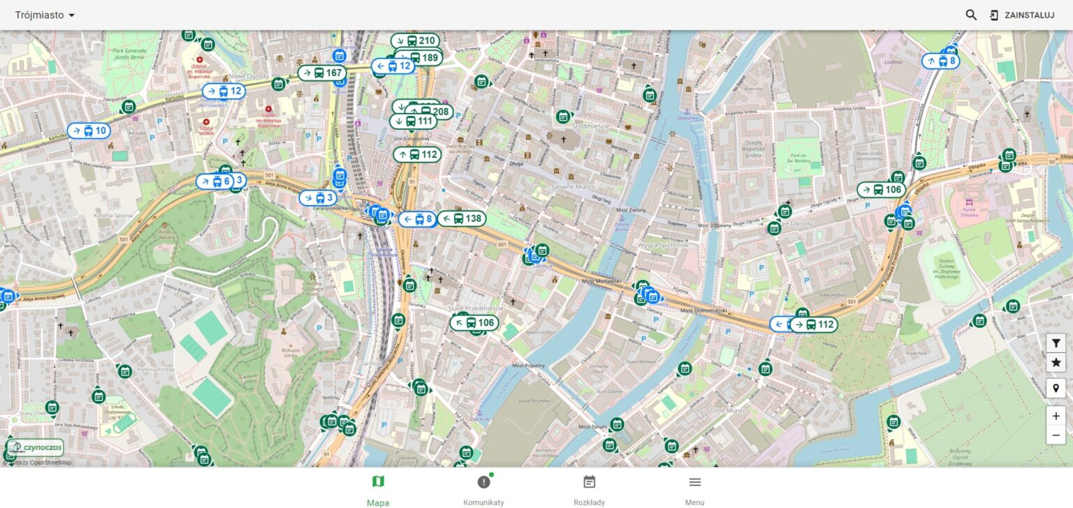 mapa GPS z tramwajami i autobusami
